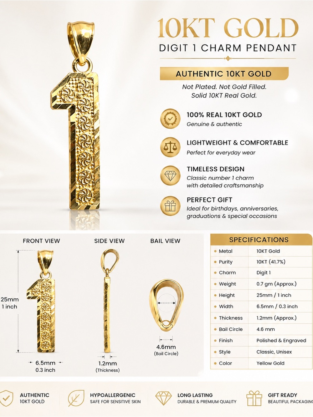 10KT Gold Number 1 Charm Pendant - Yellow Gold